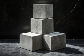 Four concrete cubes stacked pyramidally against a dark marble background, illuminated by sunlight.