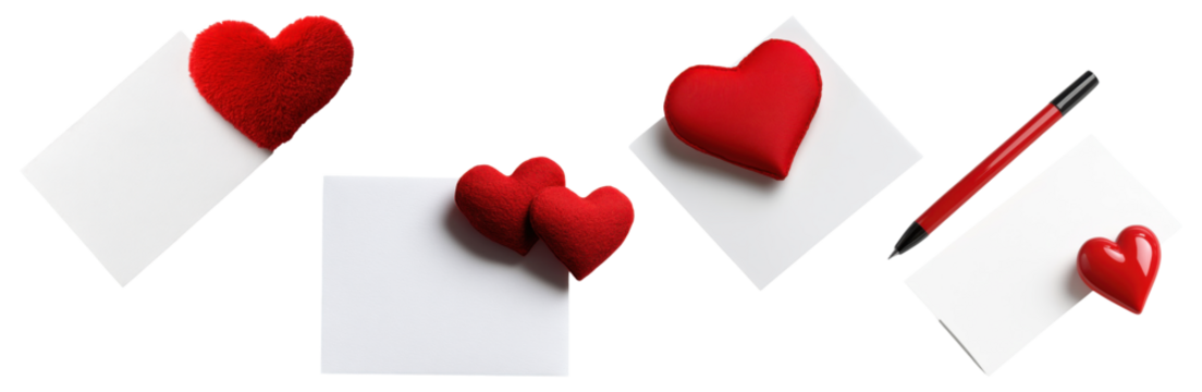 Set of heart shaped decorations with blank cards isolated on a transparent background