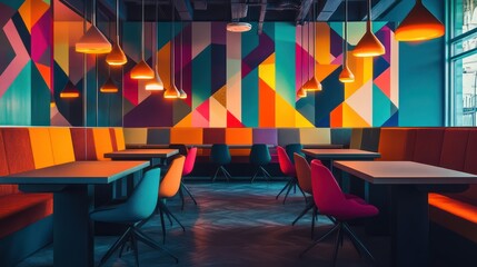 A coworking space with vibrant geometric patterns, sleek desks, and suspended lights for a modern ambiance.