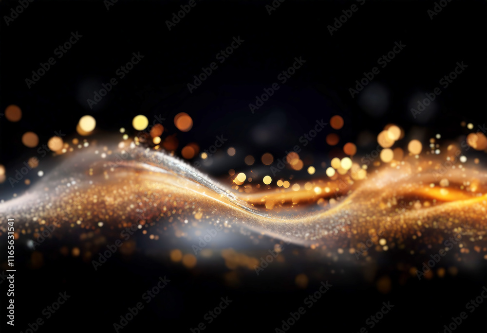 Aufkleber golden and silver particles flow like waves across a black background, illuminated by warm bokeh lig