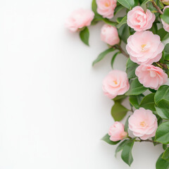 Delicate pink camellia flowers with lush green leaves create serene and vibrant atmosphere, perfect for nature lovers