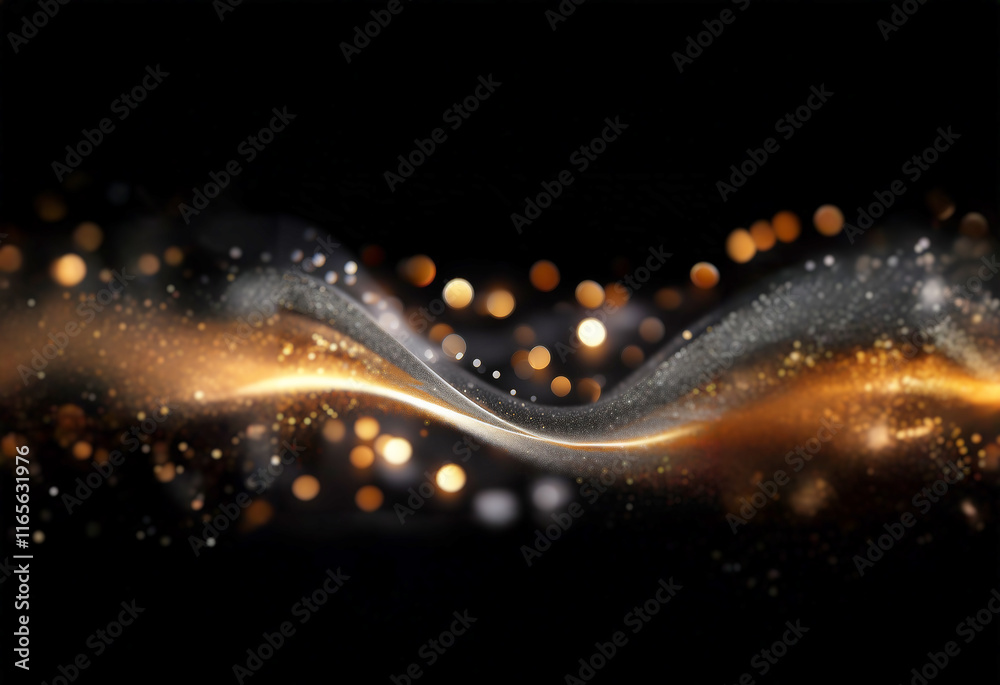 Poster elegant, flowing gold and silver particles shimmer against a dark background, illuminated by soft bo
