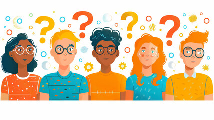 Group of Curious Individuals With Question Marks in Colorful Design