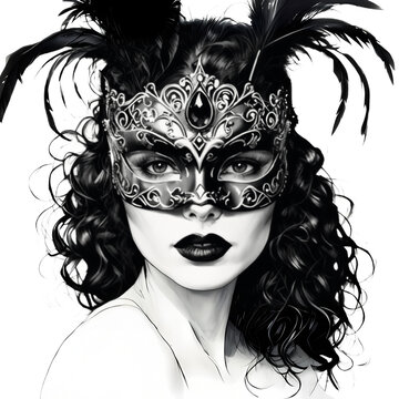 Donna elegante con i capelli nero corvino con il viso coperto da una maschera ornata di piume, Elegant woman with jet black hair with her face covered by a mask adorned with feathers	