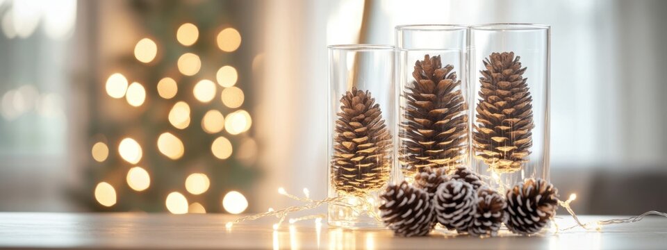 Elegant Christmas decor featuring glass vases filled with pine cones and twinkling fairy lights - Powered by Adobe