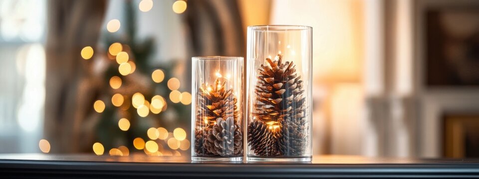 Five tall glass vases filled with pine cones and twinkling fairy lights adorn a table