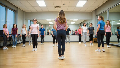 Fototapeta premium Students practicing dance steps in bright studio, joyful expression