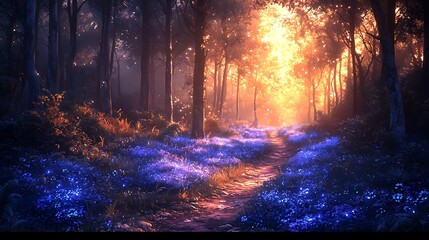 Magical forest path bathed in golden sunlight, leading through vibrant blue flowers.