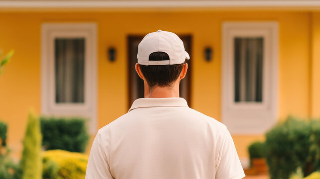 Delivery person in cap approaching yellow house, ready to deliver. scene conveys friendly atmosphere