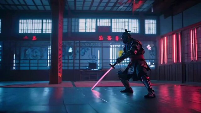 A cyber-samurai practicing high-tech dojo. walls display digital kanji text subtle background blur, 2d flat anime cartoon style illustration, 4k lofi hip-hop bites landscape music animation video