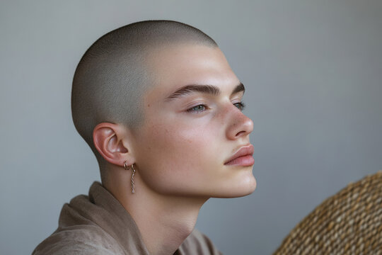 Close-up profile of a young person with a shaved head, showcasing their clear skin and subtle makeup. - Powered by Adobe