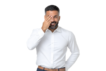 PNG smiling man covering one eye in white shirt