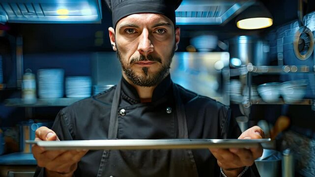 The cook holds an empty tray in his hands. Selective focus. food.