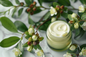 Close-up of a luxurious hand cream jar surrounded by green leaves and white buds, representing natural skincare and elegance.