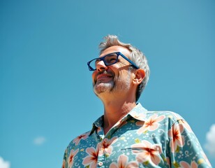 A man smiles contentedly, gazing upwards at a bright blue sky. He's wearing a floral shirt and glasses, enjoying a sunny day.