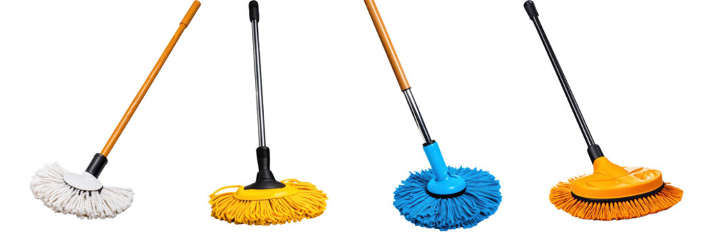 Set of cleaning mops in bright colors isolated on a transparent background