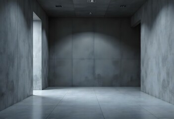 stock photo features a minimalist, industrial-style room with sleek, gray walls and floors