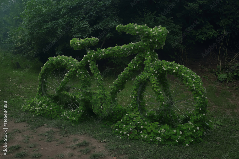 Poster a bicycle with wheels made of flowers that bloom with every turn