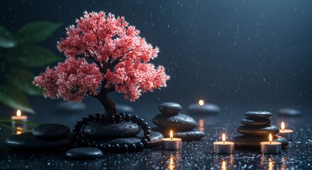 Bonsai on spa with spa stones, beautiful Zen ambience