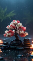 Bonsai on spa with spa stones, beautiful Zen ambience