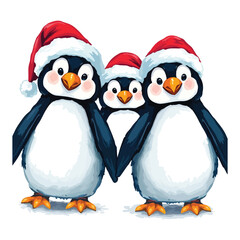 Cute Penguins wearing Santa Claus hat standing on white background flat design vector illustration