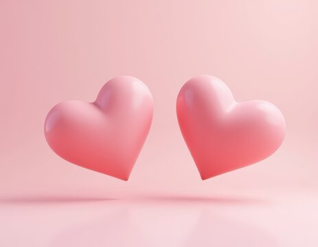 Two pink hearts gently float against a soft pink background, creating a romantic and loving atmosphere. Perfect for Valentine's Day, wedding, or love-themed designs.
