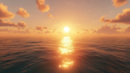 Obraz premium Serene Sunset Over Calm Ocean Water Reflecting Golden Light