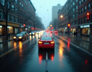 Rainy city street scene viewed through a rain-covered window. Blurry lights and cars create a moody...