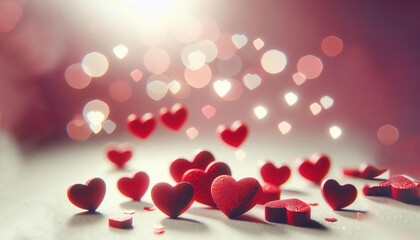 Obraz premium Festive background with hearts, bokeh lights, glitter effect in for weddings,Valentine's Day