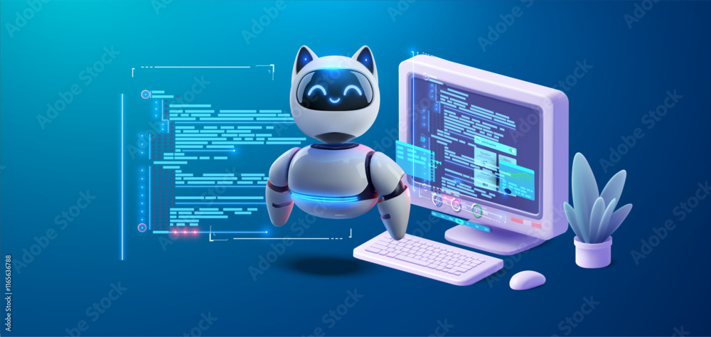 Poster Futuristic robotic cat assistant standing by a digital interface, symbolizing advanced technology, artificial intelligence, and seamless coding solutions in a modern environment. Vector illustration