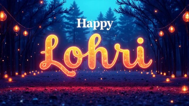 Indian Lohri Festival. Brightly animated greeting card with &ldquo;Happy Lohri&rdquo; caption.  Saturated gradient, dynamic scene. Culture of India
