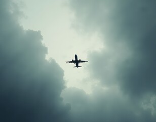 Naklejka premium Airplane flying through a cloudy sky. A commercial airliner is captured mid-flight, silhouetted against a dramatic, overcast sky. The clouds are dark and heavy, creating a moody atmosphere.