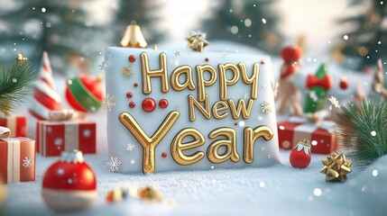 Golden 'Happy New Year' 3D Text with Cartoon Style Christmas Decorations and Snowy Winter Background for Holiday Designs