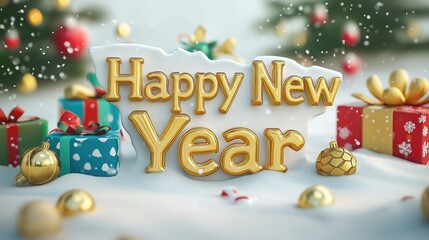 Golden 3D 'Happy New Year' Text with Cheerful Christmas Decorations and Gifts, Winter Snowy Cartoon Style Background for Festive Holiday Posters