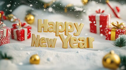 Gold 3D Text 'Happy New Year' Surrounded by Christmas Decorations and Gifts, Winter Snow Scene in Cute Cartoon Style, Perfect for Posters and Greeting Card Designs