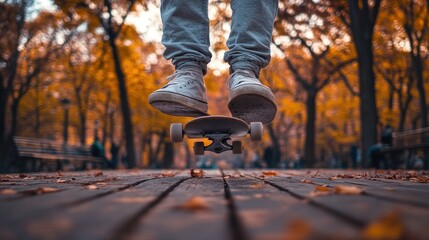 Person skateboarding mid-air in autumn park.