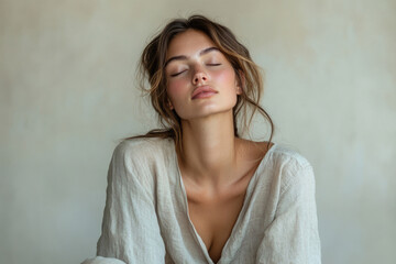 Serene young woman with eyes closed, wearing a light beige linen top against a muted background.