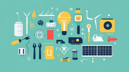 Electrical service retro icons, energetics industry. Light bulb and pliers, nuclear power plant, solar energy battery, hard hat and electrocar, voltmeter and switch, socket and wind generators