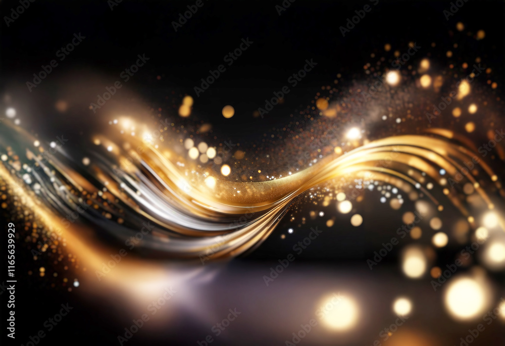 Poster elegant gold and black wave with shimmering particles and bokeh lights. a luxurious, abstract design