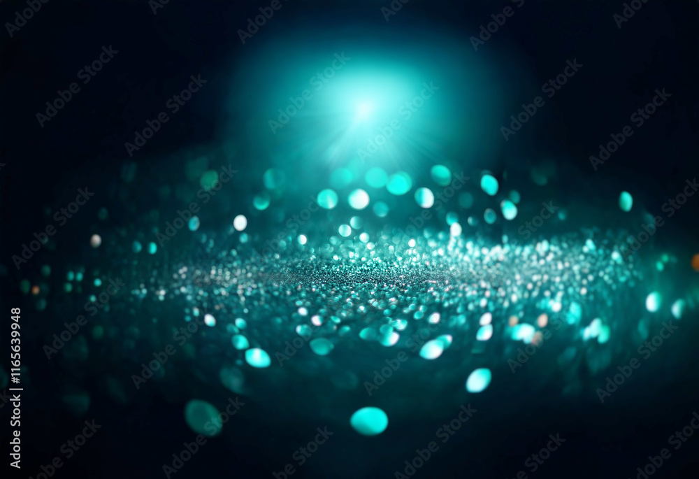 Aufkleber A mesmerizing teal light illuminates a dark surface scattered with glittering particles, creating a bokeh effect.  The scene evokes a sense of magic and wonder.