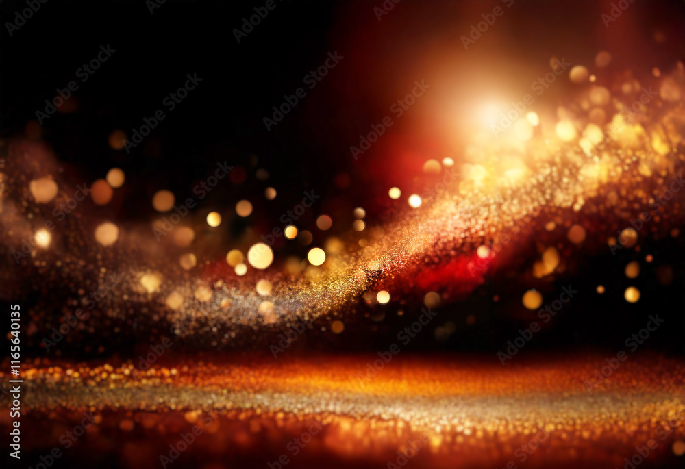 Aufkleber A dark background with swirling gold and red glitter, illuminated by warm light creating bokeh effect.  Sparkles and dust add to the luxurious, festive feel.