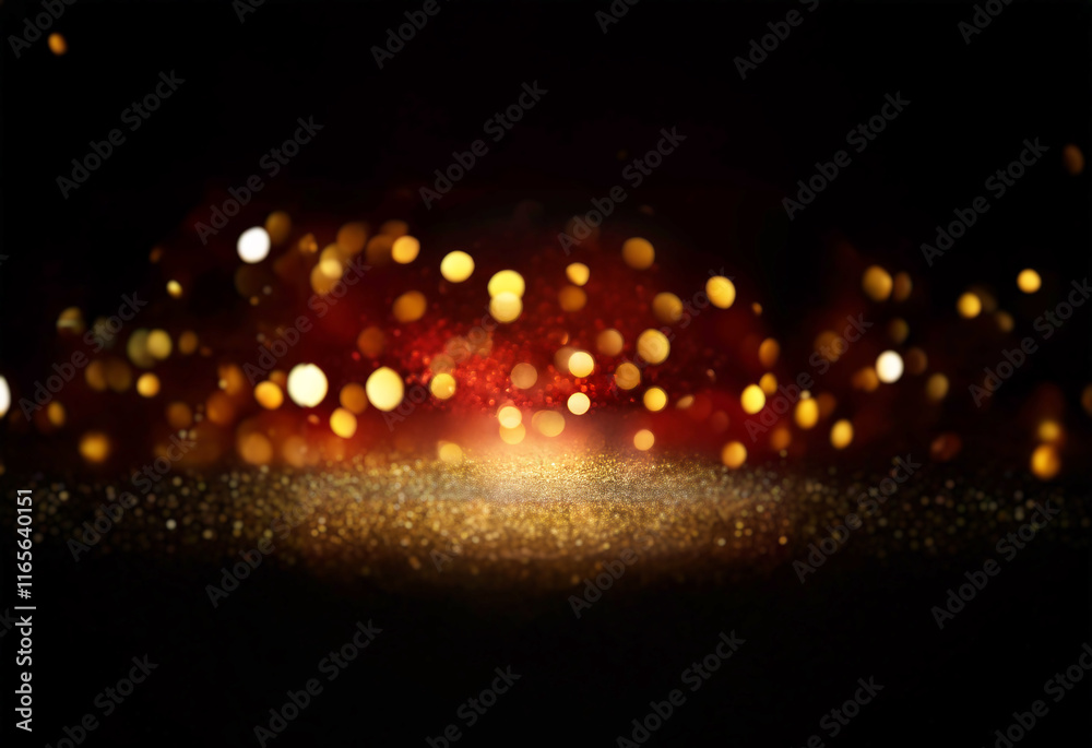 Poster glowing gold and red bokeh lights sparkle on a dark background, creating a magical, festive atmosphe