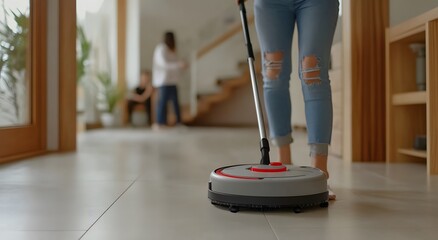 Fototapeta premium Close-up of a modern floor cleaner used in a home or hotel lobby. It is polishing the floor to make it look clean. A modern mini machine for cleaning or polishing floors.