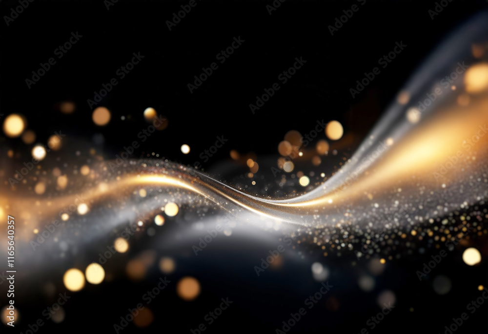Aufkleber Abstract image of a luminous wave, shimmering with gold and silver particles against a dark background.  The wave is dynamic and fluid, suggesting movement and energy.