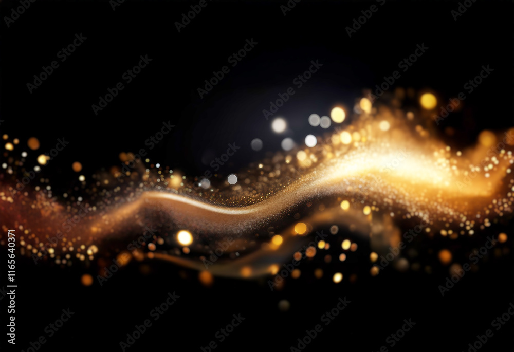 Poster a mesmerizing wave of golden particles flows across a black background, shimmering with light and cr