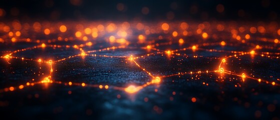 Glowing network on dark surface.