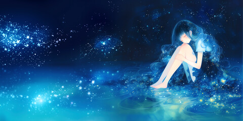 夜空を見上げて物思いにふける女性。少女。水彩画。イラスト。挿絵。バナー背景素材。