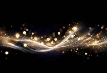 Fototapeta premium Elegant gold and white wave of light particles shimmer against a dark background, creating a luxurious and magical effect. Sparkling bokeh adds depth and brilliance.
