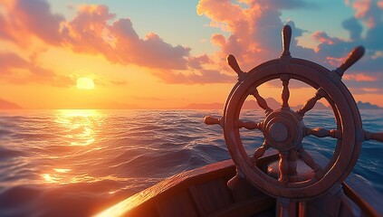 A wooden ship's wheel on the deck of an old sailing boat, with water and sunset in the background.