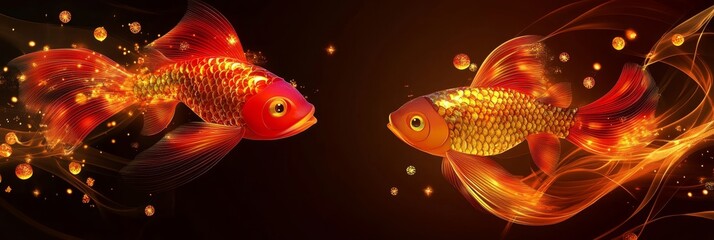 Fototapeta premium Whimsical Cartoon Fish Swimming Among Festive Ornaments in Stunning 3D Illustration